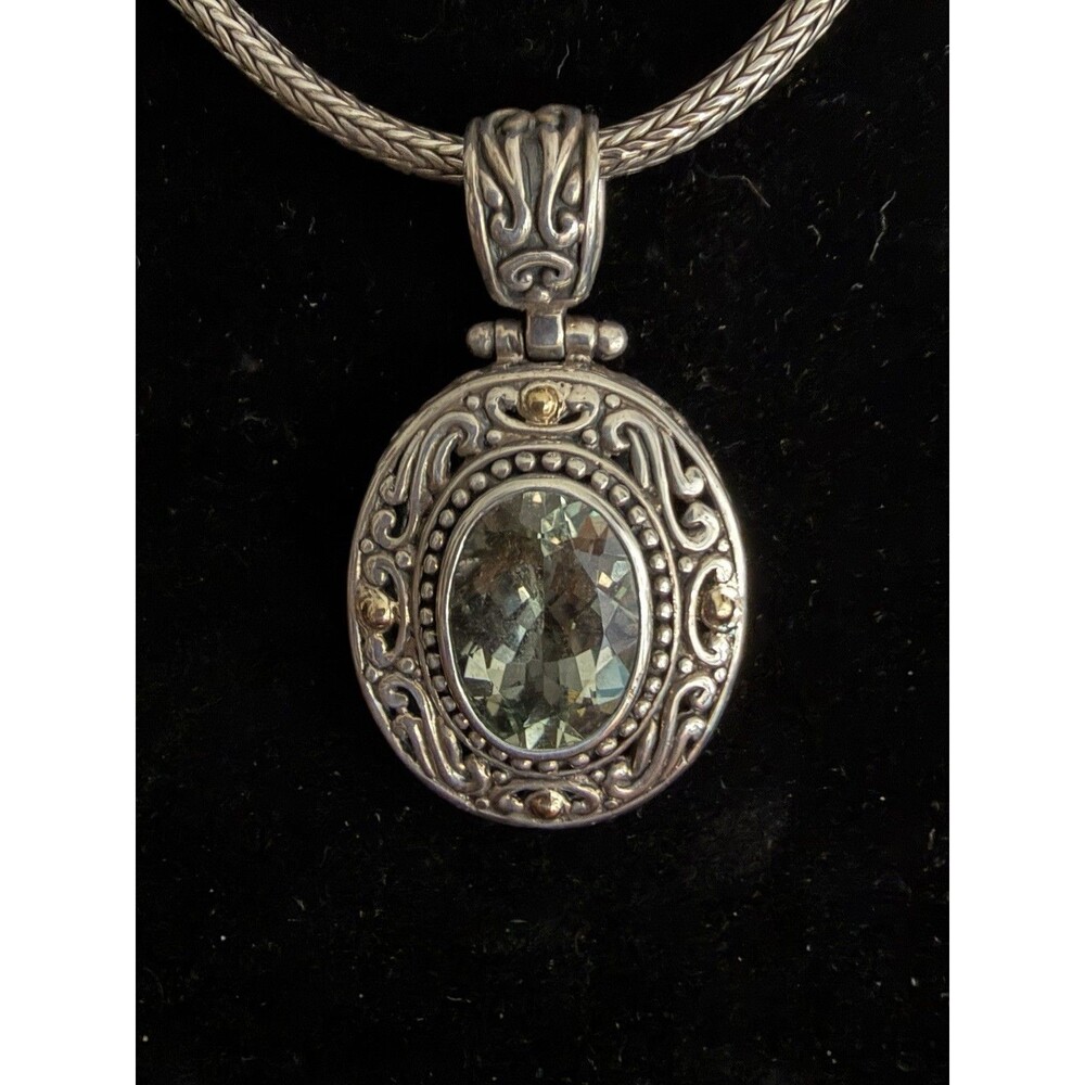 Indo 925 Sterling Silver & 18K Gold Oval Green Amethyst Pendant 18in